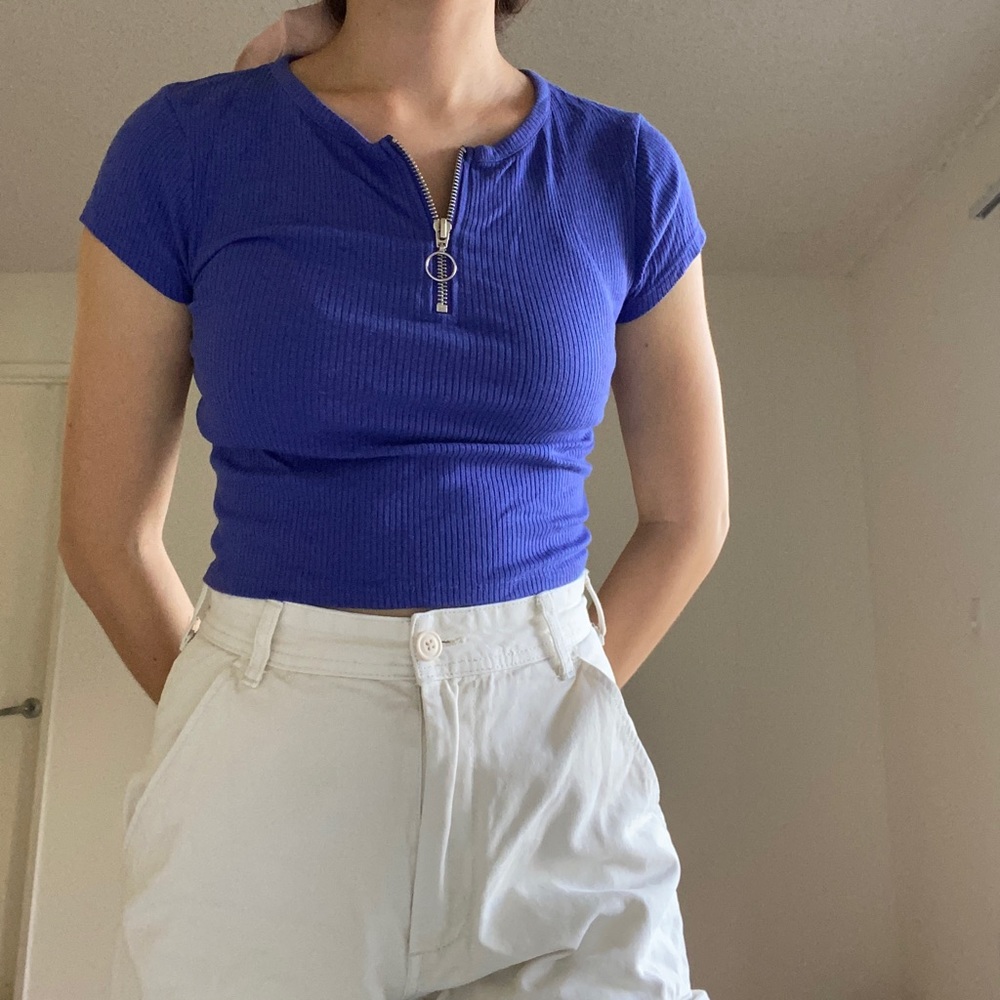 Urban Outfitters Blue Half Zip O-Ring Ribbed Tee